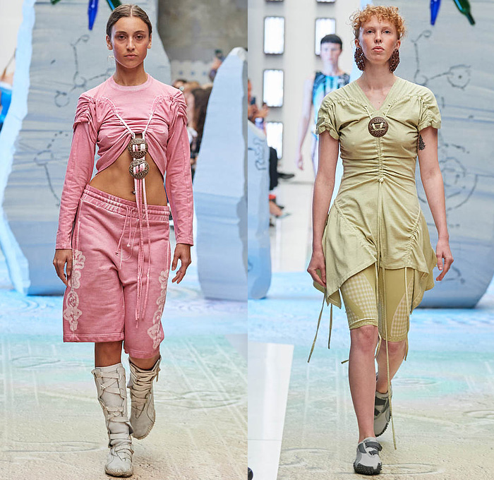 Paolina Russo 2024 Spring Summer Womens Runway Collection Lookbook Presentation - Copenhagen Fashion Week Denmark CPHFW København - Monolithics Tribal Sleeveless Tank Top Halterneck Crop Top Midriff Arm Warmers Cinch Strings Heirlooms Colored Denim Jeans Stars Shorts Dress Bicycle Shorts Tights Leggings Corset Bustier Bodice Swimsuit Slouchy Wide Leg Baggy Loose Air Brush Weave Knit Warrior Skirt Motorcycle Biker Combat Boots