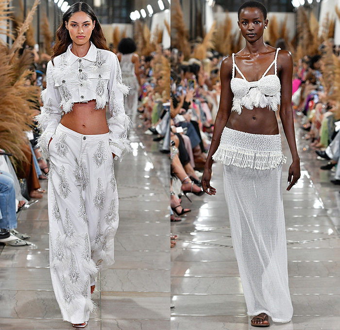 PatBo 2024 Spring Summer Womens Runway Collection - New York Fashion Week NYFW - Patricia Bonaldi - Bedazzled Beads Crystals Halterneck Micro Dress Feathers Mesh Fringes Cutout Waist Crop Top Midriff Skirt Ruffles Mullet Hem Lace Embroidery Swimwear Bikini Sheer Tulle Flowers Floral Trompe L'oeil Gown Eveningwear Loops Butterfly Shoulders Bandeau Miniskirt Wide Leg Palazzo Pants Bralette Silk Satin One Shoulder