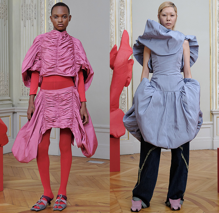 Paula Canovas del Vas 2024 Spring Summer Womens Lookbook Presentation - Paris Fashion Week Femme PFW - Make of Me a Gift Poufy Shoulders Puff Ball Nun Habit Hood Cinch Straps Belts Sweater Flower Bud Floral Draped Sleeves Tank Top Patchwork Geometric Dress Pockets Pouch Sheer One Shoulder Fur Frayed Raw Hem Threads Blouse Vest Tights Leggings Wide Leg Denim Jeans Bell Hem Shorts Cullotes Crop Top Midriff Peel Away Fold Over Miniskirt Hearts Cloak Kitten Heels Hobo Ginger Bag