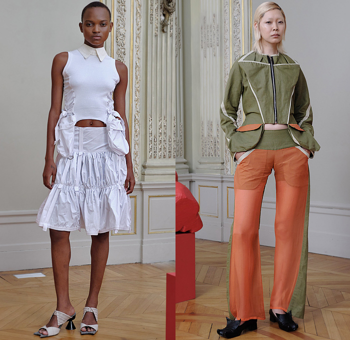 Paula Canovas del Vas 2024 Spring Summer Womens Lookbook Presentation - Paris Fashion Week Femme PFW - Make of Me a Gift Poufy Shoulders Puff Ball Nun Habit Hood Cinch Straps Belts Sweater Flower Bud Floral Draped Sleeves Tank Top Patchwork Geometric Dress Pockets Pouch Sheer One Shoulder Fur Frayed Raw Hem Threads Blouse Vest Tights Leggings Wide Leg Denim Jeans Bell Hem Shorts Cullotes Crop Top Midriff Peel Away Fold Over Miniskirt Hearts Cloak Kitten Heels Hobo Ginger Bag