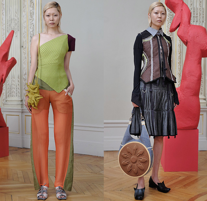 Paula Canovas del Vas 2024 Spring Summer Womens Lookbook Presentation - Paris Fashion Week Femme PFW - Make of Me a Gift Poufy Shoulders Puff Ball Nun Habit Hood Cinch Straps Belts Sweater Flower Bud Floral Draped Sleeves Tank Top Patchwork Geometric Dress Pockets Pouch Sheer One Shoulder Fur Frayed Raw Hem Threads Blouse Vest Tights Leggings Wide Leg Denim Jeans Bell Hem Shorts Cullotes Crop Top Midriff Peel Away Fold Over Miniskirt Hearts Cloak Kitten Heels Hobo Ginger Bag