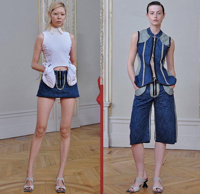 Paula Canovas del Vas 2024 Spring Summer Womens Lookbook Presentation - Paris Fashion Week Femme PFW - Make of Me a Gift Poufy Shoulders Puff Ball Nun Habit Hood Cinch Straps Belts Sweater Flower Bud Floral Draped Sleeves Tank Top Patchwork Geometric Dress Pockets Pouch Sheer One Shoulder Fur Frayed Raw Hem Threads Blouse Vest Tights Leggings Wide Leg Denim Jeans Bell Hem Shorts Cullotes Crop Top Midriff Peel Away Fold Over Miniskirt Hearts Cloak Kitten Heels Hobo Ginger Bag