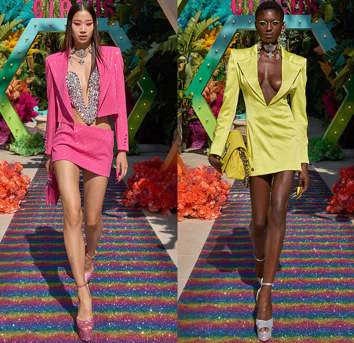 Philipp Plein 2024 Resort Cruise Pre-Spring Womens Lookbook - Circus - Bedazzled Crystals Jewels Gemstones Studs Choker Hearts Swirls 1970s Seventies Print Mini Party Dress Babydoll Strapless Bralette Ruffles Frills Jacket Blazerdress Onesie Crop Top Midriff Miniskirt Gown Eveningwear High Slit Halterneck Happy Face Smiley Emoji Knee High Metallic Boots Handbag