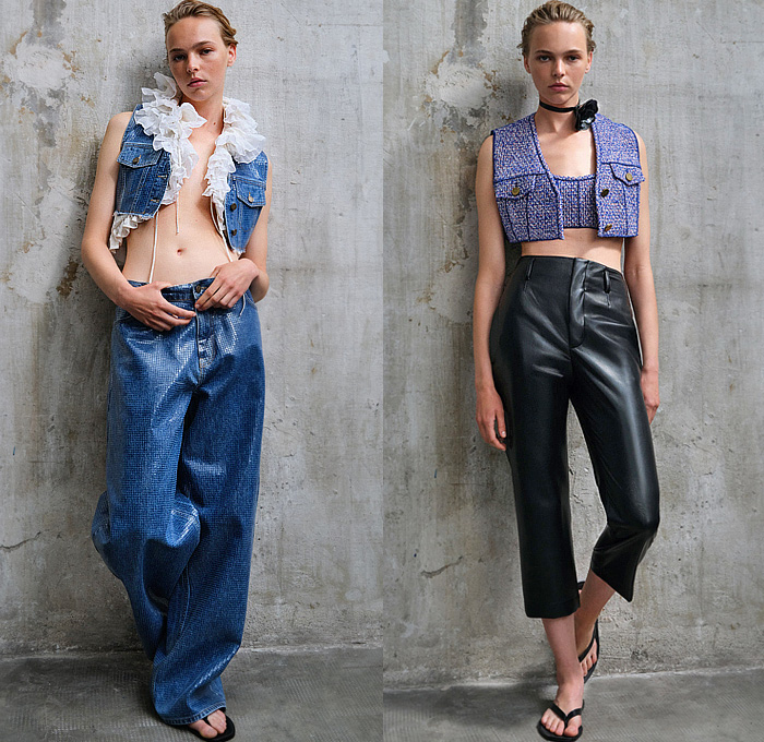 Philosophy di Lorenzo Serafini 2024 Resort Cruise Pre-Spring Womens Lookbook - Denim Jeans Vest Slouchy Baggy Loose Waxed Grid Lattice Crop Top Midriff Bustier Bralette Vest Ruffles Frills Tweed Pockets Culottes Midi Skirt Miniskirt Flowers Floral Rose Blazer Jacket Pinafore Babydoll Prairie Damsel Dress Strings Mesh Crystals Chainmail Bib Halterneck Hotpants Sheer Tulle Studs Bedazzled Rhinestones Lace Embroidery Thongs Slippers Flip-Flops