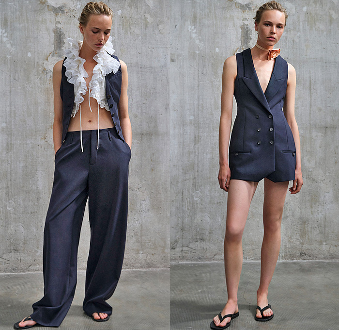 Philosophy di Lorenzo Serafini 2024 Resort Cruise Pre-Spring Womens Lookbook - Denim Jeans Vest Slouchy Baggy Loose Waxed Grid Lattice Crop Top Midriff Bustier Bralette Vest Ruffles Frills Tweed Pockets Culottes Midi Skirt Miniskirt Flowers Floral Rose Blazer Jacket Pinafore Babydoll Prairie Damsel Dress Strings Mesh Crystals Chainmail Bib Halterneck Hotpants Sheer Tulle Studs Bedazzled Rhinestones Lace Embroidery Thongs Slippers Flip-Flops