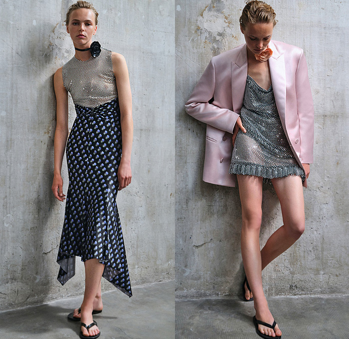 Philosophy di Lorenzo Serafini 2024 Resort Cruise Pre-Spring Womens Lookbook - Denim Jeans Vest Slouchy Baggy Loose Waxed Grid Lattice Crop Top Midriff Bustier Bralette Vest Ruffles Frills Tweed Pockets Culottes Midi Skirt Miniskirt Flowers Floral Rose Blazer Jacket Pinafore Babydoll Prairie Damsel Dress Strings Mesh Crystals Chainmail Bib Halterneck Hotpants Sheer Tulle Studs Bedazzled Rhinestones Lace Embroidery Thongs Slippers Flip-Flops