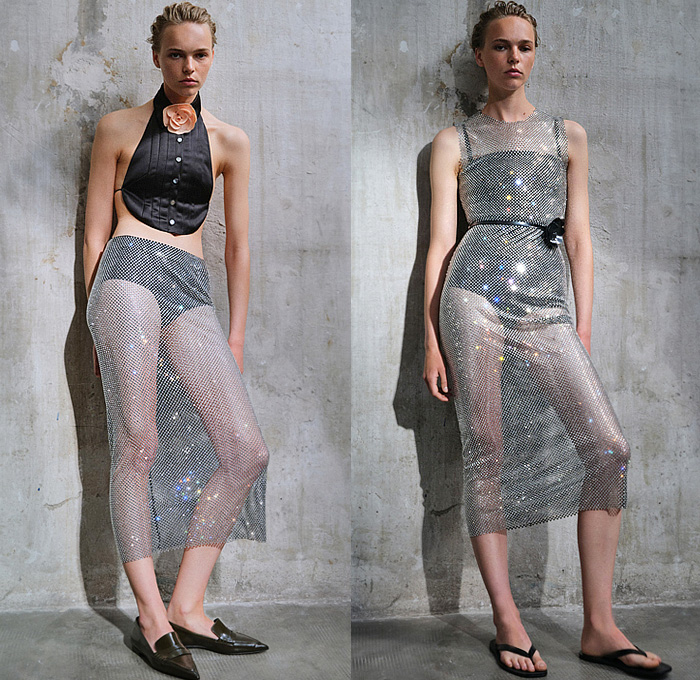 Philosophy di Lorenzo Serafini 2024 Resort Cruise Pre-Spring Womens Lookbook - Denim Jeans Vest Slouchy Baggy Loose Waxed Grid Lattice Crop Top Midriff Bustier Bralette Vest Ruffles Frills Tweed Pockets Culottes Midi Skirt Miniskirt Flowers Floral Rose Blazer Jacket Pinafore Babydoll Prairie Damsel Dress Strings Mesh Crystals Chainmail Bib Halterneck Hotpants Sheer Tulle Studs Bedazzled Rhinestones Lace Embroidery Thongs Slippers Flip-Flops