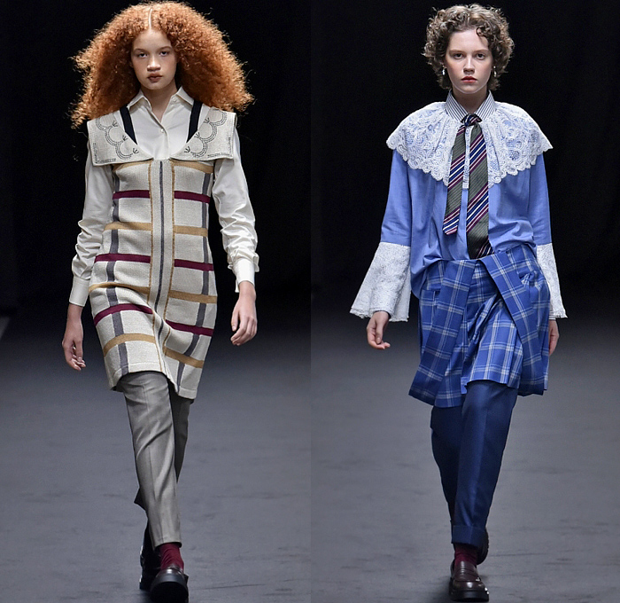 Queen&Jack 2024 Spring Summer Womens Runway Collection - Rakuten Fashion Week Tokyo Japan - School Girl Uniform Wide Lapel Puritan Sailor Collar Cinch Pleats Blazer Jacket Pinstripe Stripes Neck Tie Storm Flap Skirt Check Plaid Knit Vest Long Sleeve Blouse Lace Needlework Embroidery Pinafore Dress Patchwork Wide Leg Palazzo Pants Fringes Tassels Bell Sleeves Ruffles Fins Cutout Poufy Shoulders Loafers