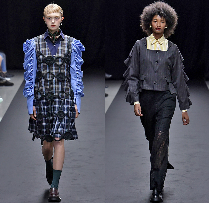 Queen&Jack 2024 Spring Summer Womens Runway Collection - Rakuten Fashion Week Tokyo Japan - School Girl Uniform Wide Lapel Puritan Sailor Collar Cinch Pleats Blazer Jacket Pinstripe Stripes Neck Tie Storm Flap Skirt Check Plaid Knit Vest Long Sleeve Blouse Lace Needlework Embroidery Pinafore Dress Patchwork Wide Leg Palazzo Pants Fringes Tassels Bell Sleeves Ruffles Fins Cutout Poufy Shoulders Loafers