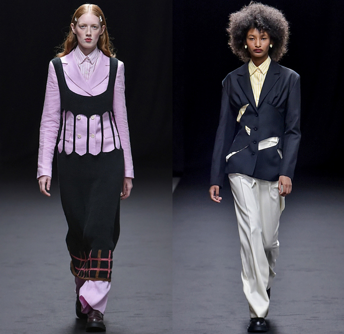 Queen&Jack 2024 Spring Summer Womens Runway Collection - Rakuten Fashion Week Tokyo Japan - School Girl Uniform Wide Lapel Puritan Sailor Collar Cinch Pleats Blazer Jacket Pinstripe Stripes Neck Tie Storm Flap Skirt Check Plaid Knit Vest Long Sleeve Blouse Lace Needlework Embroidery Pinafore Dress Patchwork Wide Leg Palazzo Pants Fringes Tassels Bell Sleeves Ruffles Fins Cutout Poufy Shoulders Loafers