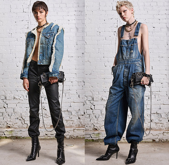 R13 2024 Resort Cruise Pre-Spring Womens Lookbook - Denim Jeans Choker Fur Shearling Chain Gold Foil Paint Jumpsuit Overalls Skirt Destroyed Blouse Asymmetrical Dark Wash Zebra Biker Jacket Skinny Slouchy Wide Leg Baggy Oversized Plaid Check Flannel Knit Mesh Sweater Punk Punk Grunge Graffiti Print Skull Blazer Tweed Pockets Cargo Pants Tiles Sequins Belts Straps Leather Denim Boots Shaft Handbag Heels