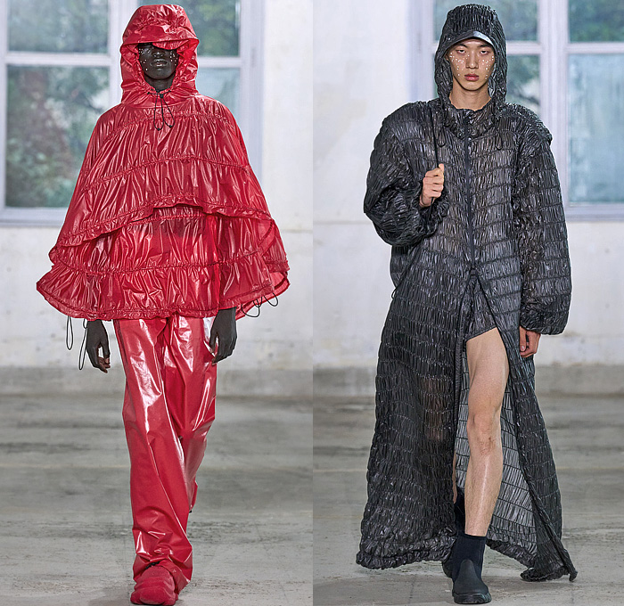 Rains 2024 Spring Summer Mens Runway Collection Lookbook Presentation - Paris Fashion Week Homme Mode Masculine Printemps Eté - Drenched Rainwear Raincoat Oversized Outerwear Coat Parka Poncho Fringes Strings Hood Tiered Shorts Crumpled Wrinkled Plastic Nylon Water-Repellent Waterproof Water-Resistant Crop Top Midriff Leg Warmers Puffer Sneakers Boots