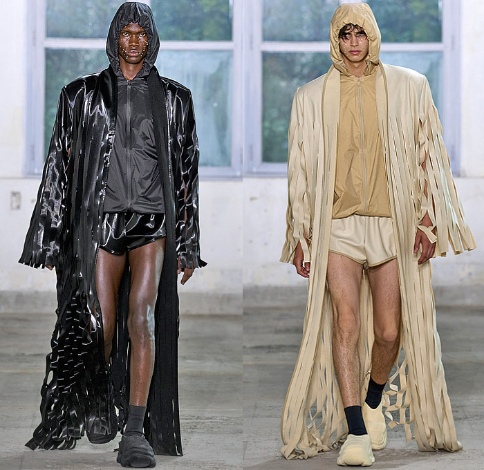 Rains 2024 Spring Summer Mens Runway Collection Lookbook Presentation - Paris Fashion Week Homme Mode Masculine Printemps Eté - Drenched Rainwear Raincoat Oversized Outerwear Coat Parka Poncho Fringes Strings Hood Tiered Shorts Crumpled Wrinkled Plastic Nylon Water-Repellent Waterproof Water-Resistant Crop Top Midriff Leg Warmers Puffer Sneakers Boots