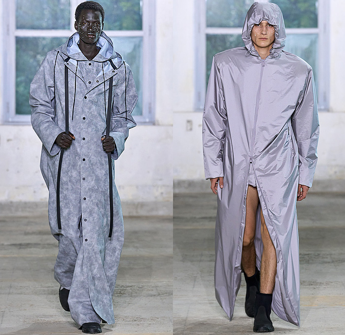 Rains 2024 Spring Summer Mens Runway Collection Lookbook Presentation - Paris Fashion Week Homme Mode Masculine Printemps Eté - Drenched Rainwear Raincoat Oversized Outerwear Coat Parka Poncho Fringes Strings Hood Tiered Shorts Crumpled Wrinkled Plastic Nylon Water-Repellent Waterproof Water-Resistant Crop Top Midriff Leg Warmers Puffer Sneakers Boots