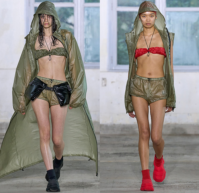 Rains 2024 Spring Summer Womens Runway Collection - Paris Fashion Week Homme Printemps Eté - Drenched Crop Top Midriff Bandeau Fringes Strings Drawstring Hood Outerwear Poncho Coat Anorak Shorts Raincoat Rainwear Parka Vest Crumpled Wrinkled Plastic Nylon Water-Repellent Waterproof Water-Resistant Cinch Leotard Sheer Dress Marbled Wide Leg Baggy Loose Palazzo Pants Fanny Pack Belt Bag Pouch Leg Warmers Puffer Sneakers