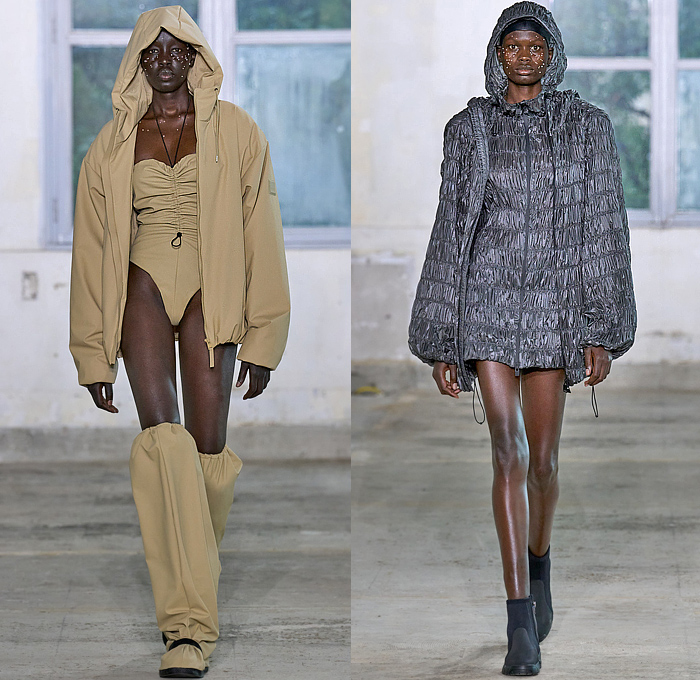 Rains 2024 Spring Summer Womens Runway Collection - Paris Fashion Week Homme Printemps Eté - Drenched Crop Top Midriff Bandeau Fringes Strings Drawstring Hood Outerwear Poncho Coat Anorak Shorts Raincoat Rainwear Parka Vest Crumpled Wrinkled Plastic Nylon Water-Repellent Waterproof Water-Resistant Cinch Leotard Sheer Dress Marbled Wide Leg Baggy Loose Palazzo Pants Fanny Pack Belt Bag Pouch Leg Warmers Puffer Sneakers