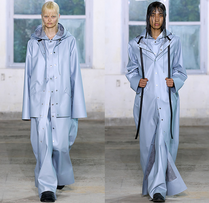 Rains 2024 Spring Summer Womens Runway Collection - Paris Fashion Week Homme Printemps Eté - Drenched Crop Top Midriff Bandeau Fringes Strings Drawstring Hood Outerwear Poncho Coat Anorak Shorts Raincoat Rainwear Parka Vest Crumpled Wrinkled Plastic Nylon Water-Repellent Waterproof Water-Resistant Cinch Leotard Sheer Dress Marbled Wide Leg Baggy Loose Palazzo Pants Fanny Pack Belt Bag Pouch Leg Warmers Puffer Sneakers