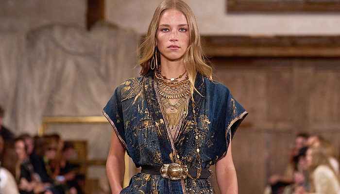 Ralph Lauren 2024 Spring Summer Womens Runway Collection - New York Fashion Week NYFW - Romance Black Gold Handcrafted Paint Gilded Glass Beads Embroidery Sequins Flowers Floral Strapless Bustier Skirt Wide Leg Harem Pants Pinstripe Stripes Blouse Denim Jeans Pockets Vest Scarf Patchwork Crop Top Midriff Silk Satin Bomber Jacket Pantsuit Plaid Check Admiral Coat Mesh Studs Halterneck Draped Dress Gown Chainlink One Shoulder Fringes Caftan RL 888 Handbag Micro Bag