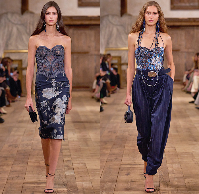 Ralph Lauren 2024 Spring Summer Womens Runway Collection - New York Fashion Week NYFW - Romance Black Gold Handcrafted Paint Gilded Glass Beads Embroidery Sequins Flowers Floral Strapless Bustier Skirt Wide Leg Harem Pants Pinstripe Stripes Blouse Denim Jeans Pockets Vest Scarf Patchwork Crop Top Midriff Silk Satin Bomber Jacket Pantsuit Plaid Check Admiral Coat Mesh Studs Halterneck Draped Dress Gown Chainlink One Shoulder Fringes Caftan RL 888 Handbag Micro Bag