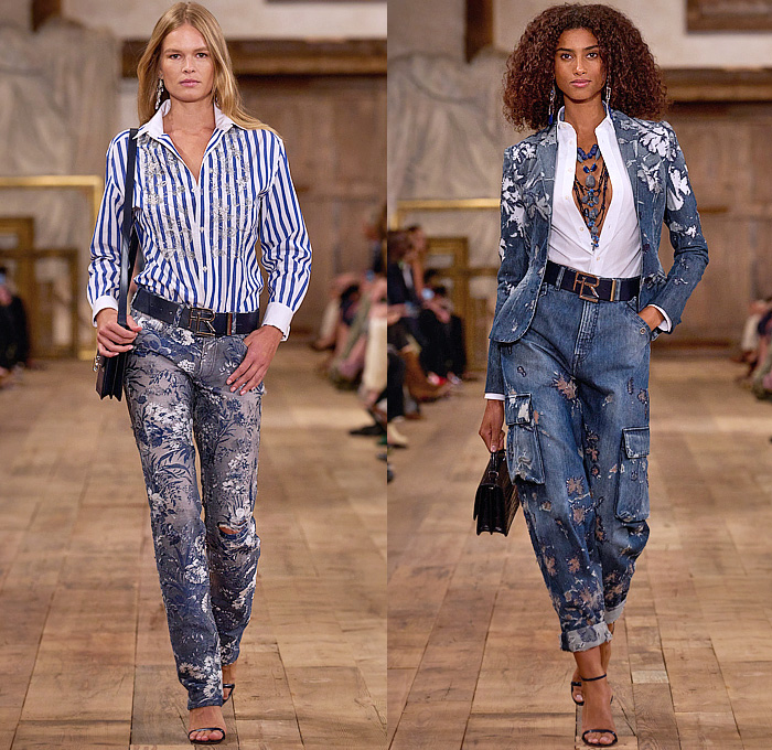 Ralph Lauren 2024 Spring Summer Womens Runway Collection - New York Fashion Week NYFW - Romance Black Gold Handcrafted Paint Gilded Glass Beads Embroidery Sequins Flowers Floral Strapless Bustier Skirt Wide Leg Harem Pants Pinstripe Stripes Blouse Denim Jeans Pockets Vest Scarf Patchwork Crop Top Midriff Silk Satin Bomber Jacket Pantsuit Plaid Check Admiral Coat Mesh Studs Halterneck Draped Dress Gown Chainlink One Shoulder Fringes Caftan RL 888 Handbag Micro Bag