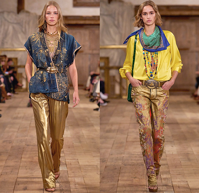 Ralph Lauren 2024 Spring Summer Womens Runway Collection - New York Fashion Week NYFW - Romance Black Gold Handcrafted Paint Gilded Glass Beads Embroidery Sequins Flowers Floral Strapless Bustier Skirt Wide Leg Harem Pants Pinstripe Stripes Blouse Denim Jeans Pockets Vest Scarf Patchwork Crop Top Midriff Silk Satin Bomber Jacket Pantsuit Plaid Check Admiral Coat Mesh Studs Halterneck Draped Dress Gown Chainlink One Shoulder Fringes Caftan RL 888 Handbag Micro Bag