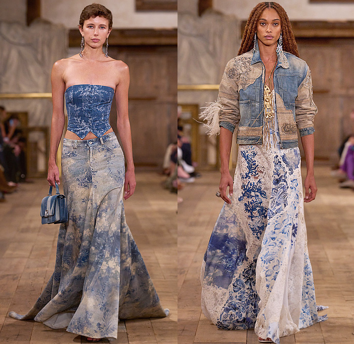 Ralph Lauren 2024 Spring Summer Womens Runway Collection - New York Fashion Week NYFW - Romance Black Gold Handcrafted Paint Gilded Glass Beads Embroidery Sequins Flowers Floral Strapless Bustier Skirt Wide Leg Harem Pants Pinstripe Stripes Blouse Denim Jeans Pockets Vest Scarf Patchwork Crop Top Midriff Silk Satin Bomber Jacket Pantsuit Plaid Check Admiral Coat Mesh Studs Halterneck Draped Dress Gown Chainlink One Shoulder Fringes Caftan RL 888 Handbag Micro Bag