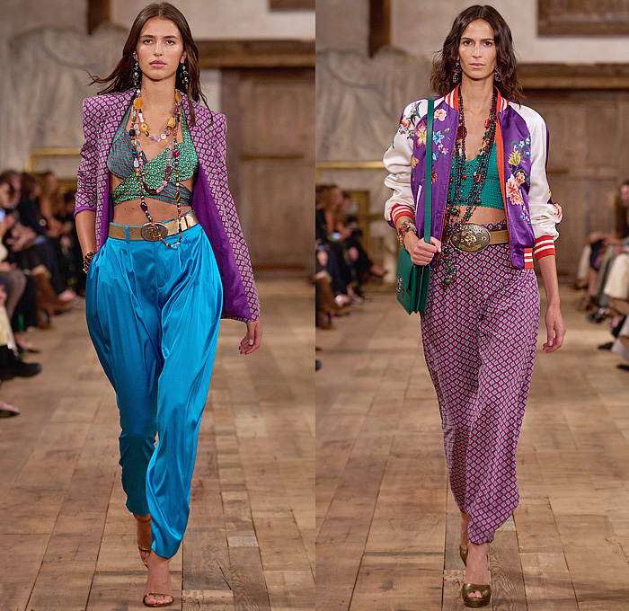 Ralph Lauren 2024 Spring Summer Womens Runway Collection - New York Fashion Week NYFW - Romance Black Gold Handcrafted Paint Gilded Glass Beads Embroidery Sequins Flowers Floral Strapless Bustier Skirt Wide Leg Harem Pants Pinstripe Stripes Blouse Denim Jeans Pockets Vest Scarf Patchwork Crop Top Midriff Silk Satin Bomber Jacket Pantsuit Plaid Check Admiral Coat Mesh Studs Halterneck Draped Dress Gown Chainlink One Shoulder Fringes Caftan RL 888 Handbag Micro Bag