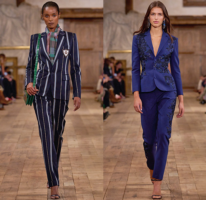 Ralph Lauren 2024 Spring Summer Womens Runway Collection - New York Fashion Week NYFW - Romance Black Gold Handcrafted Paint Gilded Glass Beads Embroidery Sequins Flowers Floral Strapless Bustier Skirt Wide Leg Harem Pants Pinstripe Stripes Blouse Denim Jeans Pockets Vest Scarf Patchwork Crop Top Midriff Silk Satin Bomber Jacket Pantsuit Plaid Check Admiral Coat Mesh Studs Halterneck Draped Dress Gown Chainlink One Shoulder Fringes Caftan RL 888 Handbag Micro Bag