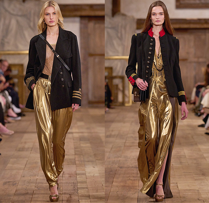 Ralph Lauren 2024 Spring Summer Womens Runway Collection - New York Fashion Week NYFW - Romance Black Gold Handcrafted Paint Gilded Glass Beads Embroidery Sequins Flowers Floral Strapless Bustier Skirt Wide Leg Harem Pants Pinstripe Stripes Blouse Denim Jeans Pockets Vest Scarf Patchwork Crop Top Midriff Silk Satin Bomber Jacket Pantsuit Plaid Check Admiral Coat Mesh Studs Halterneck Draped Dress Gown Chainlink One Shoulder Fringes Caftan RL 888 Handbag Micro Bag