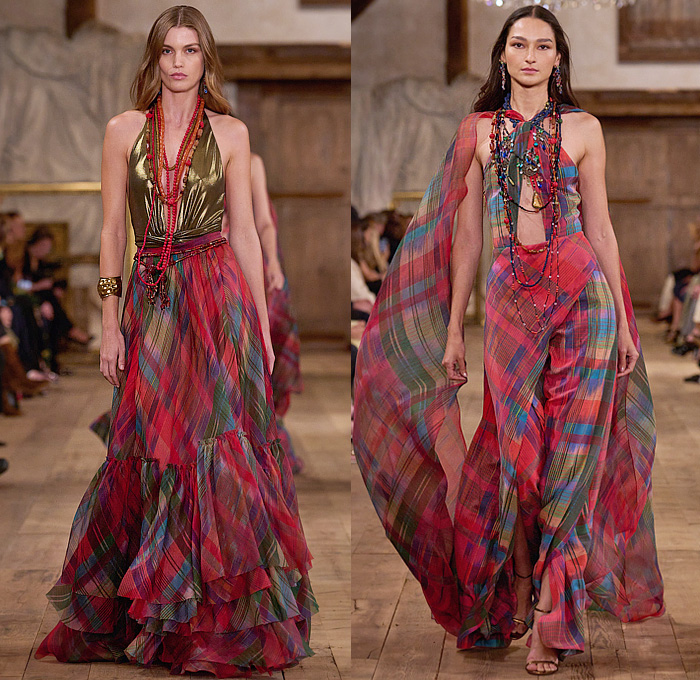 Ralph Lauren 2024 Spring Summer Womens Runway Collection - New York Fashion Week NYFW - Romance Black Gold Handcrafted Paint Gilded Glass Beads Embroidery Sequins Flowers Floral Strapless Bustier Skirt Wide Leg Harem Pants Pinstripe Stripes Blouse Denim Jeans Pockets Vest Scarf Patchwork Crop Top Midriff Silk Satin Bomber Jacket Pantsuit Plaid Check Admiral Coat Mesh Studs Halterneck Draped Dress Gown Chainlink One Shoulder Fringes Caftan RL 888 Handbag Micro Bag