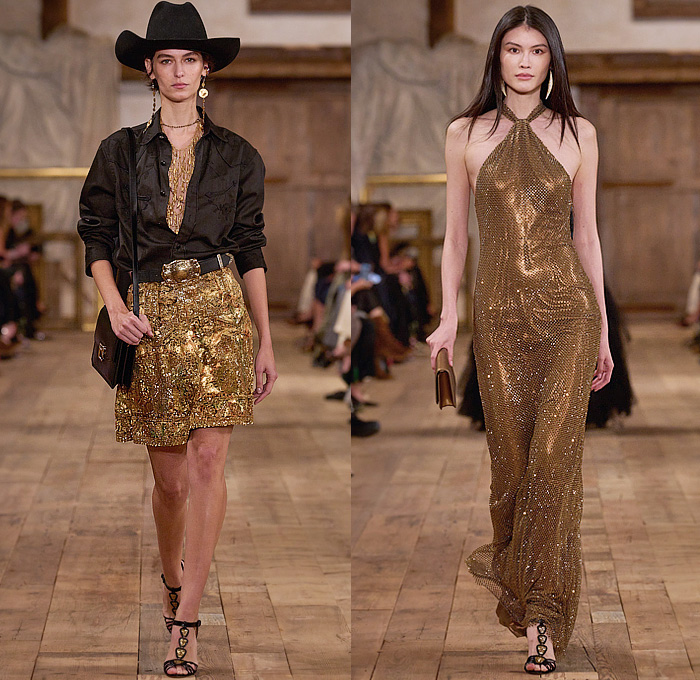 Ralph Lauren 2024 Spring Summer Womens Runway Collection - New York Fashion Week NYFW - Romance Black Gold Handcrafted Paint Gilded Glass Beads Embroidery Sequins Flowers Floral Strapless Bustier Skirt Wide Leg Harem Pants Pinstripe Stripes Blouse Denim Jeans Pockets Vest Scarf Patchwork Crop Top Midriff Silk Satin Bomber Jacket Pantsuit Plaid Check Admiral Coat Mesh Studs Halterneck Draped Dress Gown Chainlink One Shoulder Fringes Caftan RL 888 Handbag Micro Bag