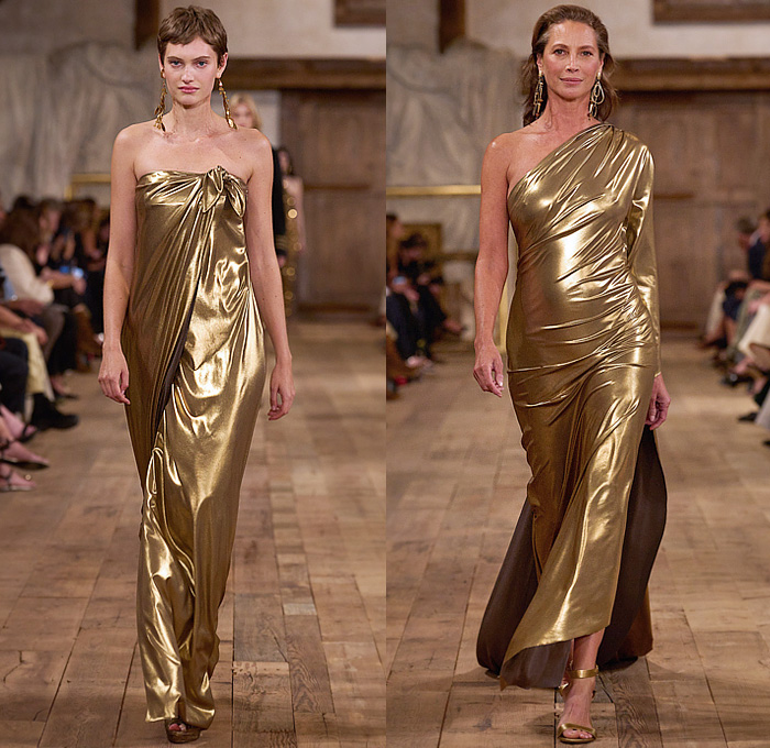 Ralph Lauren 2024 Spring Summer Womens Runway Collection - New York Fashion Week NYFW - Romance Black Gold Handcrafted Paint Gilded Glass Beads Embroidery Sequins Flowers Floral Strapless Bustier Skirt Wide Leg Harem Pants Pinstripe Stripes Blouse Denim Jeans Pockets Vest Scarf Patchwork Crop Top Midriff Silk Satin Bomber Jacket Pantsuit Plaid Check Admiral Coat Mesh Studs Halterneck Draped Dress Gown Chainlink One Shoulder Fringes Caftan RL 888 Handbag Micro Bag