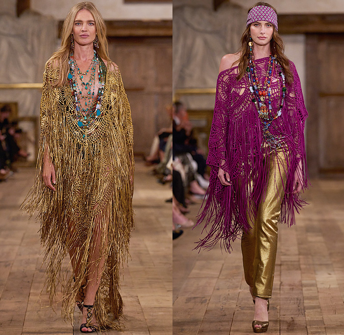 Ralph Lauren 2024 Spring Summer Womens Runway Collection - New York Fashion Week NYFW - Romance Black Gold Handcrafted Paint Gilded Glass Beads Embroidery Sequins Flowers Floral Strapless Bustier Skirt Wide Leg Harem Pants Pinstripe Stripes Blouse Denim Jeans Pockets Vest Scarf Patchwork Crop Top Midriff Silk Satin Bomber Jacket Pantsuit Plaid Check Admiral Coat Mesh Studs Halterneck Draped Dress Gown Chainlink One Shoulder Fringes Caftan RL 888 Handbag Micro Bag