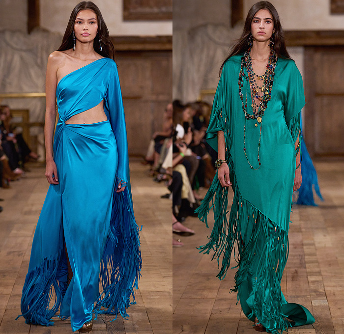 Ralph Lauren 2024 Spring Summer Womens Runway Collection - New York Fashion Week NYFW - Romance Black Gold Handcrafted Paint Gilded Glass Beads Embroidery Sequins Flowers Floral Strapless Bustier Skirt Wide Leg Harem Pants Pinstripe Stripes Blouse Denim Jeans Pockets Vest Scarf Patchwork Crop Top Midriff Silk Satin Bomber Jacket Pantsuit Plaid Check Admiral Coat Mesh Studs Halterneck Draped Dress Gown Chainlink One Shoulder Fringes Caftan RL 888 Handbag Micro Bag