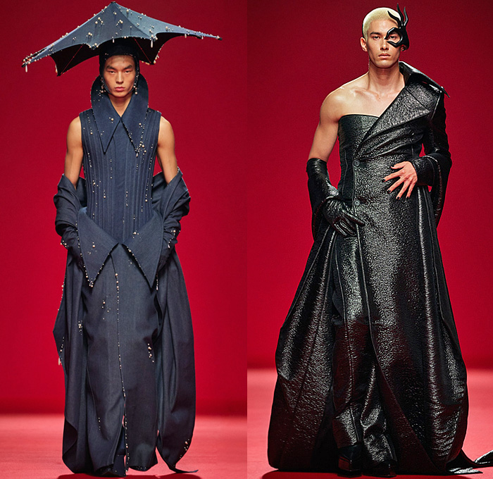 Robert Wun 2024 Spring Couture Mens Runway Looks - Haute Couture Avant Garde High Fashion - For Love - Bedazzled Pearls Beads Glass Shards Crystals Headwear Futuristic Asymmetrical One Shoulder Coatdress Wide Lapel Gloves Umbrella Hand Mask Denim Jeans Wide Lapel Manskirt Shawl