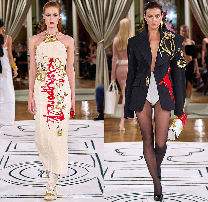 Schiaparelli 2024 Spring Summer Womens Runway Collection - Paris Fashion Week PFW - Eyes Gold Chain Halterneck Cigarettes Lipstick Nail Polish Matches Dress Gown Strapless Blazer Wide Lapel Keyhole Padlock Hotpants Bralette Knit Stripes Cod Fish Pencil Skirt Cinch Skeleton Lobster Crab Blouse Twist Tied Draped Crop Top Midriff Denim Jeans Wide Leg Workwear Tweed Measuring Tape Coat Pantsuit Vest Culottes Safety Pin Sea Urchin Spines Red Fingernails Sneakers Boots Purse