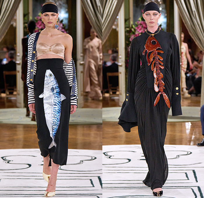 Schiaparelli 2024 Spring Summer Womens Runway Collection - Paris Fashion Week PFW - Eyes Gold Chain Halterneck Cigarettes Lipstick Nail Polish Matches Dress Gown Strapless Blazer Wide Lapel Keyhole Padlock Hotpants Bralette Knit Stripes Cod Fish Pencil Skirt Cinch Skeleton Lobster Crab Blouse Twist Tied Draped Crop Top Midriff Denim Jeans Wide Leg Workwear Tweed Measuring Tape Coat Pantsuit Vest Culottes Safety Pin Sea Urchin Spines Red Fingernails Sneakers Boots Purse