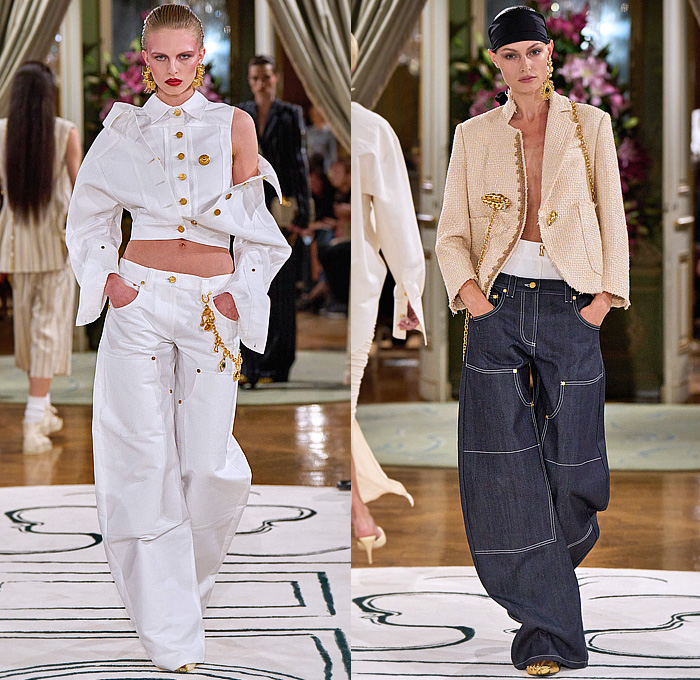 Schiaparelli 2024 Spring Summer Womens Runway Collection - Paris Fashion Week PFW - Eyes Gold Chain Halterneck Cigarettes Lipstick Nail Polish Matches Dress Gown Strapless Blazer Wide Lapel Keyhole Padlock Hotpants Bralette Knit Stripes Cod Fish Pencil Skirt Cinch Skeleton Lobster Crab Blouse Twist Tied Draped Crop Top Midriff Denim Jeans Wide Leg Workwear Tweed Measuring Tape Coat Pantsuit Vest Culottes Safety Pin Sea Urchin Spines Red Fingernails Sneakers Boots Purse