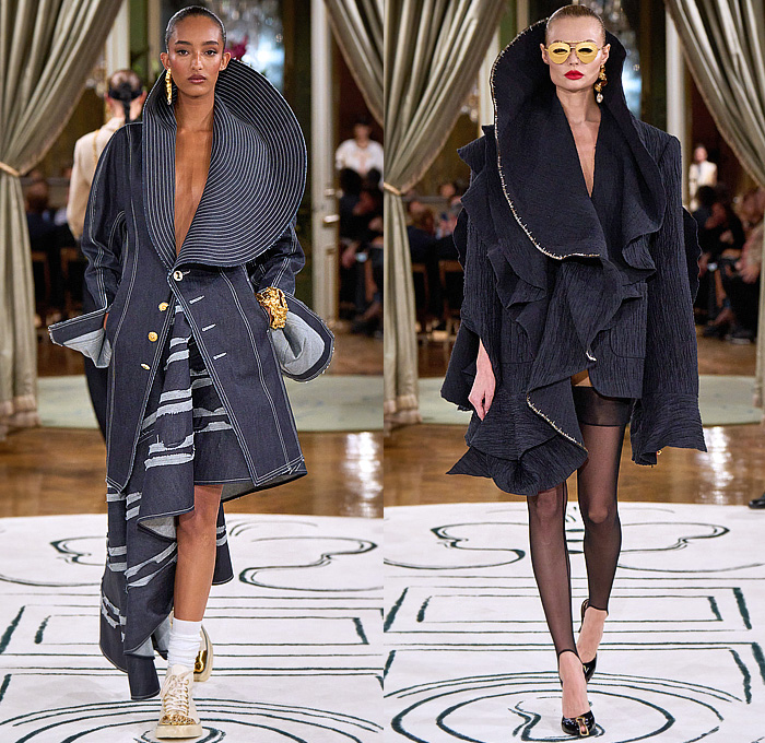 Schiaparelli 2024 Spring Summer Womens Runway Collection - Paris Fashion Week PFW - Eyes Gold Chain Halterneck Cigarettes Lipstick Nail Polish Matches Dress Gown Strapless Blazer Wide Lapel Keyhole Padlock Hotpants Bralette Knit Stripes Cod Fish Pencil Skirt Cinch Skeleton Lobster Crab Blouse Twist Tied Draped Crop Top Midriff Denim Jeans Wide Leg Workwear Tweed Measuring Tape Coat Pantsuit Vest Culottes Safety Pin Sea Urchin Spines Red Fingernails Sneakers Boots Purse