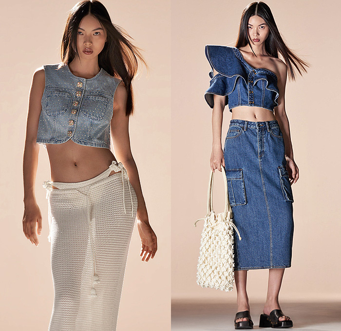 Self-Portrait 2024 Spring Summer Womens Lookbook Presentation - London Fashion Week LFW - Denim Jeans Crop Top Midriff Crystals Sequins Flowers Floral Bedazzled Studs Wide Leg Flare Knit Mesh Crochet Swimwear Bikini Vest Skirt Cargo Pockets Frills One Shoulder Wrap Body Contour Halterneck Shirtdress Cutout Gown Noodle Strap Robe Tote Bag Handbag Plain Dress Cinch Pleats Purse Clutch Embroidery