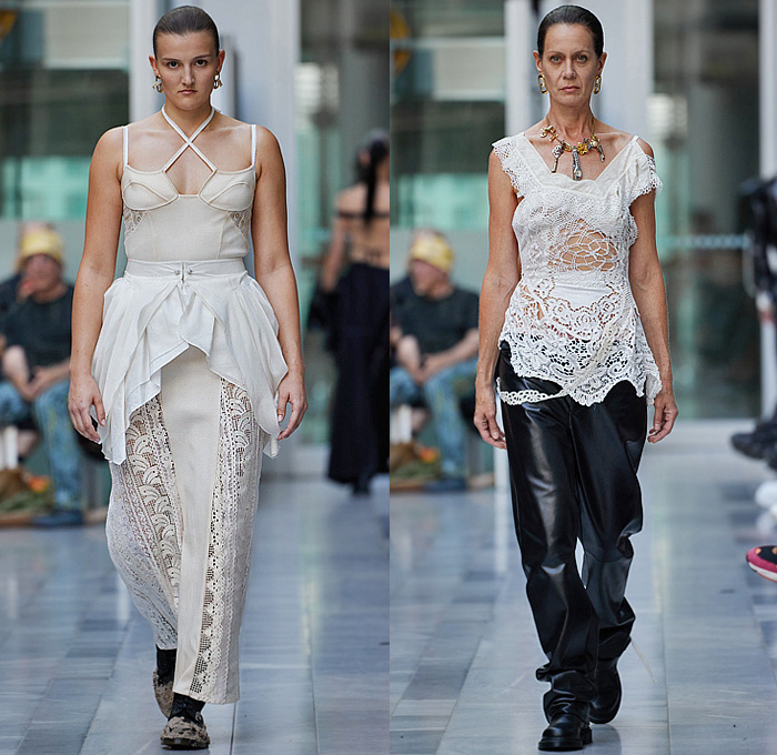 SF1OG 2024 Spring Summer Womens Runway Collection - Berlin Fashion Week Germany - Coffee-Dyed Dress Vintage 100-Year-Old Lace Linen Table Cloth Hand-Sewn Embroidery Mesh Knit Fleamarket Jewelry Patchwork Upcycled Leather Silk Draped Laser Denim Jeans Belts Straps Clips Halterneck Layers Tiered Peplum Skirt Vest Wide Leg Palazzo Pants White Asymmetrical Cutout Shorts Crop Top Midriff Jacket Gloves Destroyed Peel Off Equestrian Combat Boots Wooden Horse Puppet 