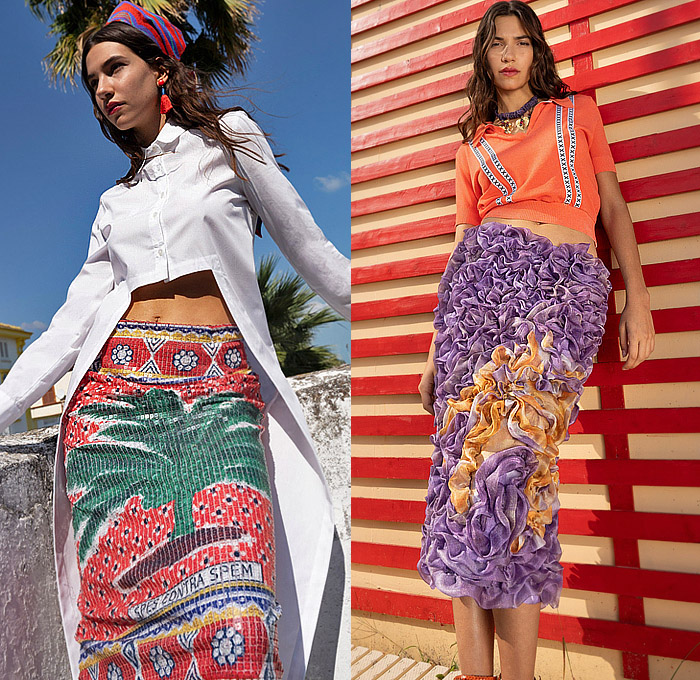 Stella Jean 2024 Spring Summer Womens Lookbook - Head Scarf Bustier Noodle Strap Birds Embroidery Stripes Bralette Color Illustrations Landscape Tropical Island Palm Trees Cutout Holes Pencil Skirt Babydoll Shift Dress Blouse Animals Jungle Giraffes Cap Sleeve Strapless Puff Sleeves Half Split Pantsuit Ruffles High-Low Mullet Hem Dovetail Bedazzled Tiles Sequins Accordion Pleats Flare Wide Leg Palazzo Pants Basket Bag Gladiators Sandals