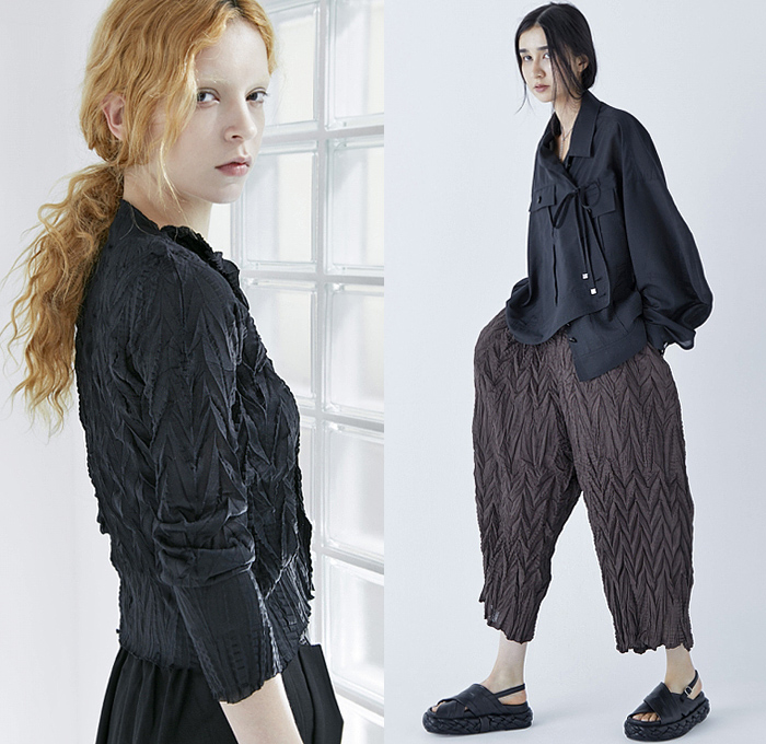 tactor 2024 Spring Summer Womens Lookbook Presentation - Rakuten Fashion Week Tokyo Japan - Days - Nayuko Yamamoto - Knit Sweater Jumper Origami Creases Pleats Fold Over Tied Blazer Jacket Drawstring Cinch Pockets Draped Sleeves Blouse Stripes Poufy Shoulders Zigzag Culottes Baggy Wide Leg Loose Palazzo Pants Patchwork Midi Skirt Tights Leggings Milkmaid Shift Dress Sleeveless Bowling Shirt Sandals