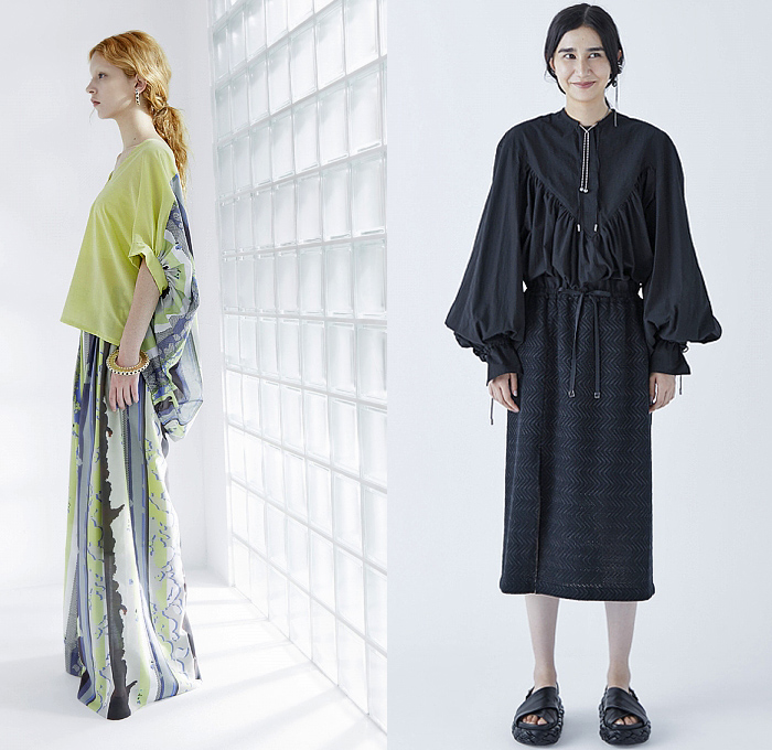 tactor 2024 Spring Summer Womens Lookbook Presentation - Rakuten Fashion Week Tokyo Japan - Days - Nayuko Yamamoto - Knit Sweater Jumper Origami Creases Pleats Fold Over Tied Blazer Jacket Drawstring Cinch Pockets Draped Sleeves Blouse Stripes Poufy Shoulders Zigzag Culottes Baggy Wide Leg Loose Palazzo Pants Patchwork Midi Skirt Tights Leggings Milkmaid Shift Dress Sleeveless Bowling Shirt Sandals