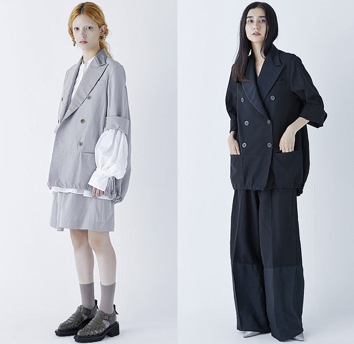 tactor 2024 Spring Summer Womens Lookbook Presentation - Rakuten Fashion Week Tokyo Japan - Days - Nayuko Yamamoto - Knit Sweater Jumper Origami Creases Pleats Fold Over Tied Blazer Jacket Drawstring Cinch Pockets Draped Sleeves Blouse Stripes Poufy Shoulders Zigzag Culottes Baggy Wide Leg Loose Palazzo Pants Patchwork Midi Skirt Tights Leggings Milkmaid Shift Dress Sleeveless Bowling Shirt Sandals