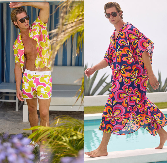 Trina Turk 2024 Spring Summer Mens Lookbook Presentation - New York Fashion Week NYFW - Flowers Floral Shirt Swim Swimming Trunks Swim Trunks Shorts Caftan Kaftan Shirtdress Onesie Bowling Shirt Ornaments Decorative Art Shorts Waves Stripes Zigzag Knit Knitwear Suit Blazer Scarf Sandals Loafers