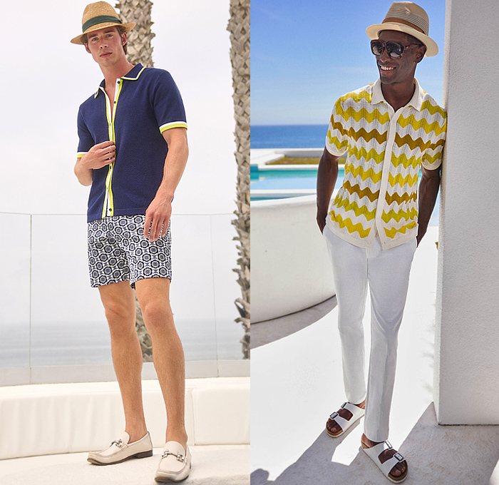 Trina Turk 2024 Spring Summer Mens Lookbook Presentation - New York Fashion Week NYFW - Flowers Floral Shirt Swim Swimming Trunks Swim Trunks Shorts Caftan Kaftan Shirtdress Onesie Bowling Shirt Ornaments Decorative Art Shorts Waves Stripes Zigzag Knit Knitwear Suit Blazer Scarf Sandals Loafers