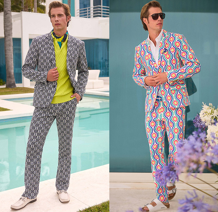 Trina Turk 2024 Spring Summer Mens Lookbook Presentation - New York Fashion Week NYFW - Flowers Floral Shirt Swim Swimming Trunks Swim Trunks Shorts Caftan Kaftan Shirtdress Onesie Bowling Shirt Ornaments Decorative Art Shorts Waves Stripes Zigzag Knit Knitwear Suit Blazer Scarf Sandals Loafers