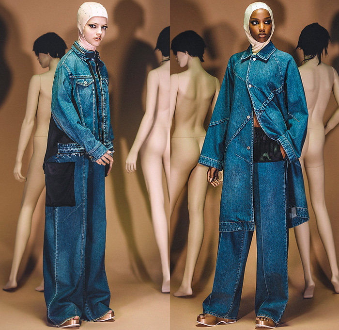 Undercover 2024 Resort Cruise Pre-Spring Womens Lookbook - Hijab Deconstructed Patchwork Hybrid Denim Jeans Jacket Coat Knit Hoodie Sweater Cardigan Bedazzled Sequins Embroidery Noodle Strap Onesie Overalls Jumpsuit Lace Needlework Sheer Stripes Shirtdress Bib Cutout Slashed Blouse Wings Plaid Check Flowers Floral Accordion Pleats Wide Leg Baggy Loose Jogger Sweatpants Socks Wedge Loafers