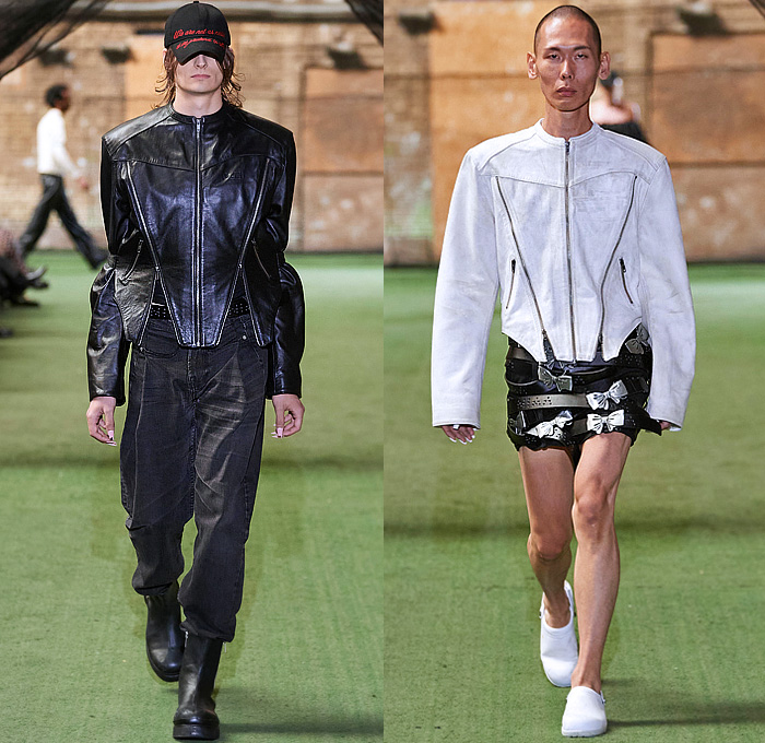 Vain 2024 Spring Summer Mens Womens Runway Collection - Copenhagen Fashion Week Denmark CPHFW København - Social Avoidance - Denim Jeans Stains Straightjacket Zipper McDonald's Old Work Uniform Studs Jogger Sweatpants Cinch Laces Skirt Strapless Puff Ball Dress Motorcycle Biker Jacket V-Shape Bows Ribbons Belts Knit Sweater Deconstructed Loops Rings Tights Stockings Hoodie Sweatshirt Outerwear Tabard Coat Shirtdress Cape Cloak Boots Galoshes Clogs Baseball Cap Hat Gloves Duffel Bag